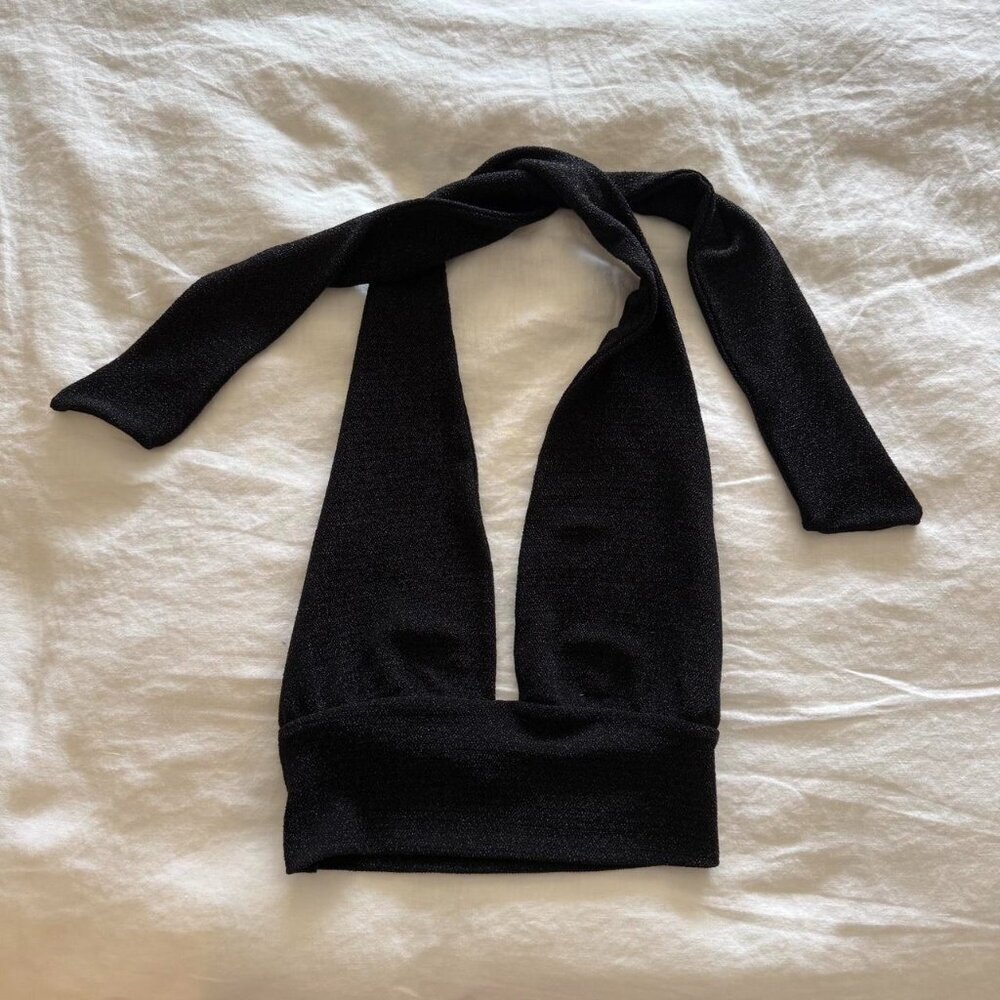Subdued Black Shimmery Halter Tie Top Size Medium